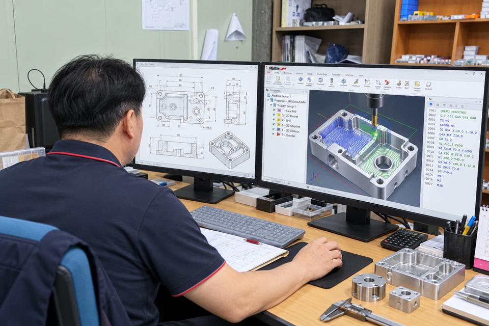 마스터캠으로 가공 경로와 NC 프로그램을 준비하는 편집된 소개용 이미지